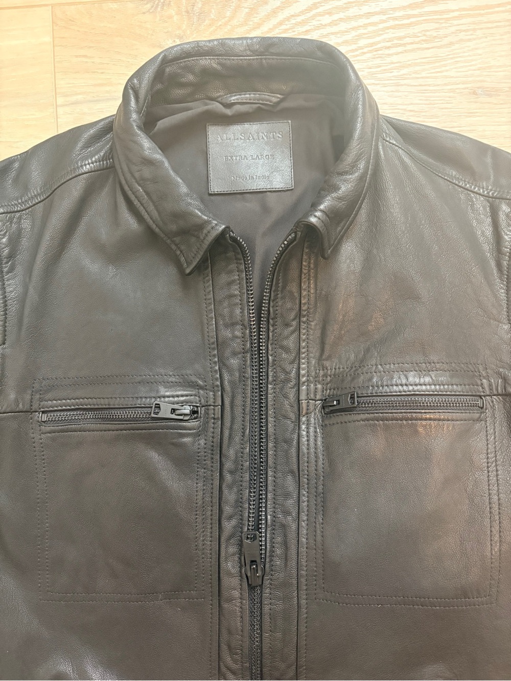 ALLSAINTS Lark 100% Goat Leather Moto Jacket Men's Black Size XL Double Zipper